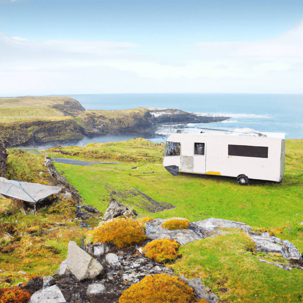 Camper nel paesaggio verde del Regno Unito, pecore, cielo nuvoloso