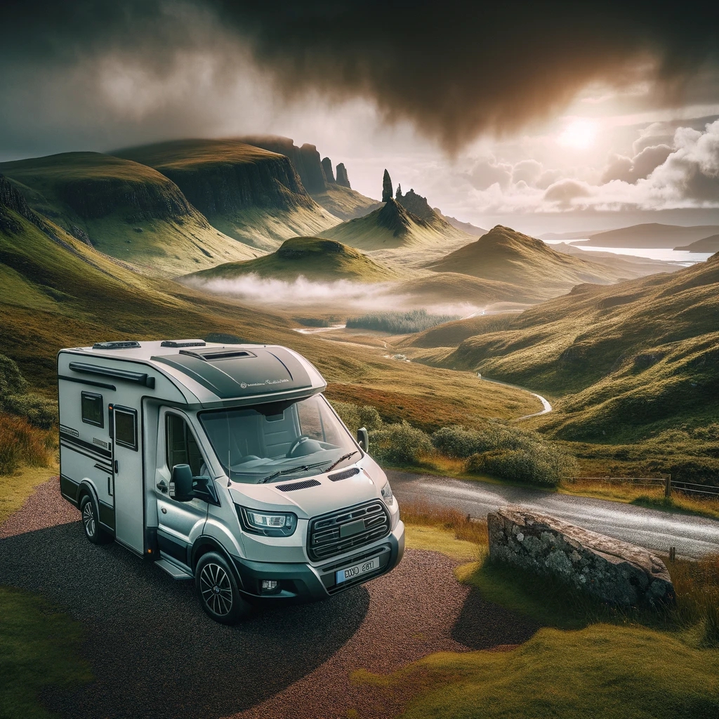 Camper moderno sull'Isola di Skye, con paesaggio scozzese tipico e cielo drammatico in sottofondo.