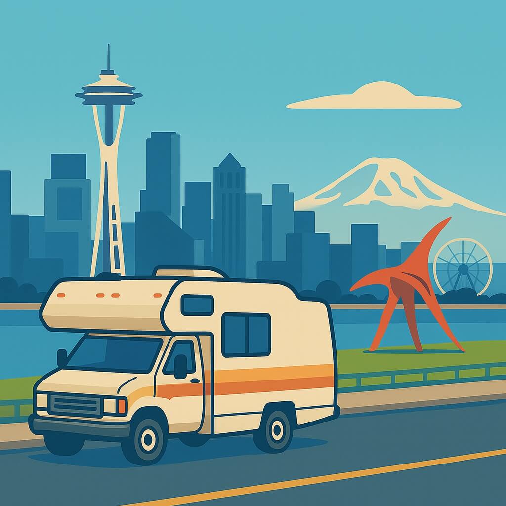 Camper sul lungomare con la Space Needle e il Monte Rainier alle spalle, Seattle USA