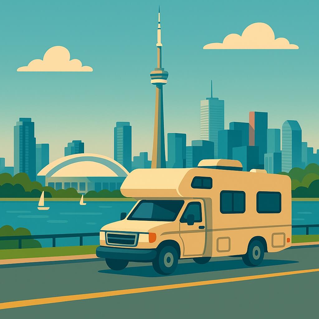 Camper sul lungolago con la CN Tower e lo skyline di Toronto sullo sfondo, Canada