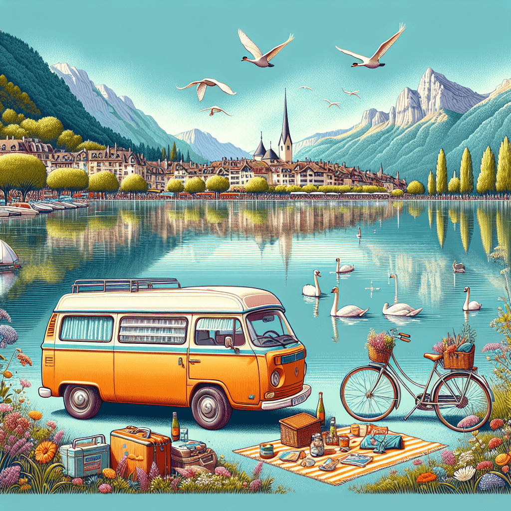 Colourful campervan by Annecy lake with swans and picnic