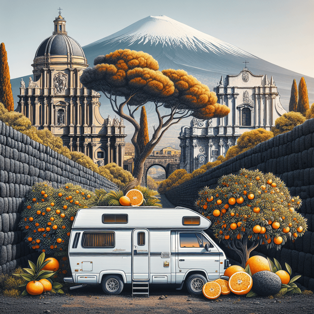 A campervan amidst Catania's citrus trees and lava stone walls