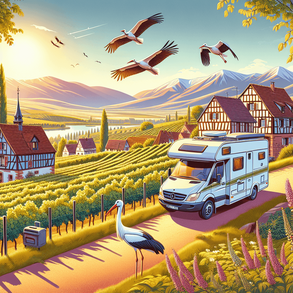 Un camping-car parmi vignobles, cigognes, maisons traditionnelles d'Alsace