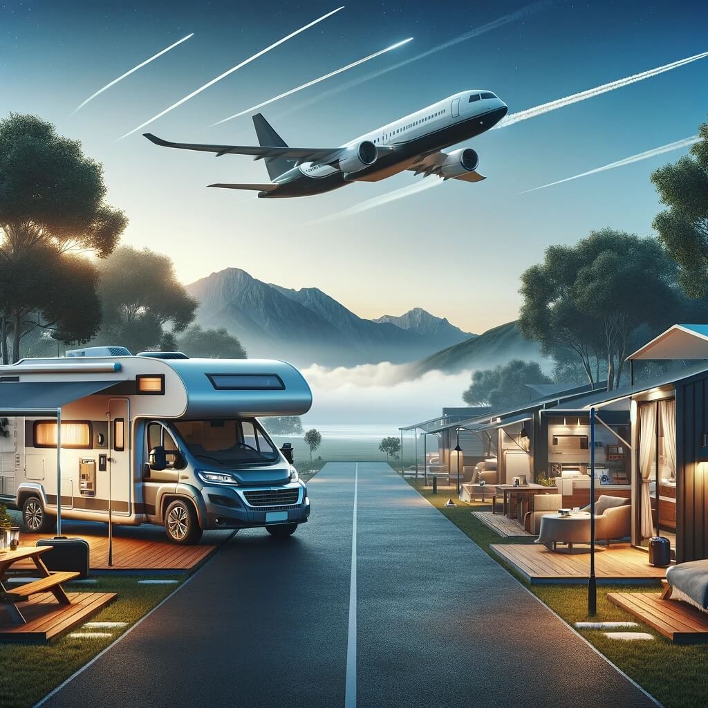Campervan at a campsite near Edinburgh Airport, airplane high in the sky