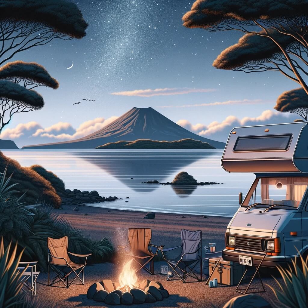 Campervan parked on beach near Auckland Airport, overlooking volcanic island