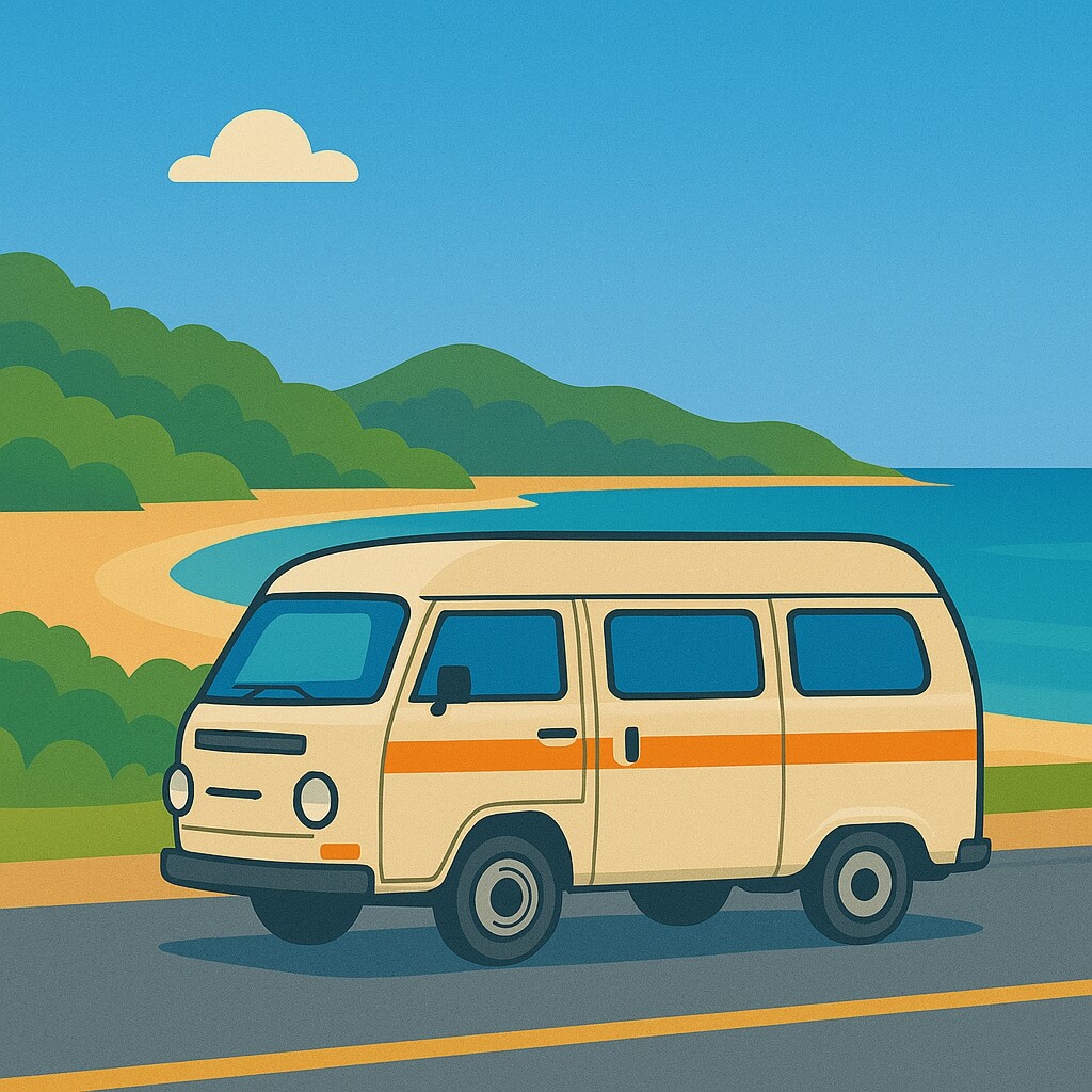 Campervan on sandy track by a tropical Queensland beach and palm trees