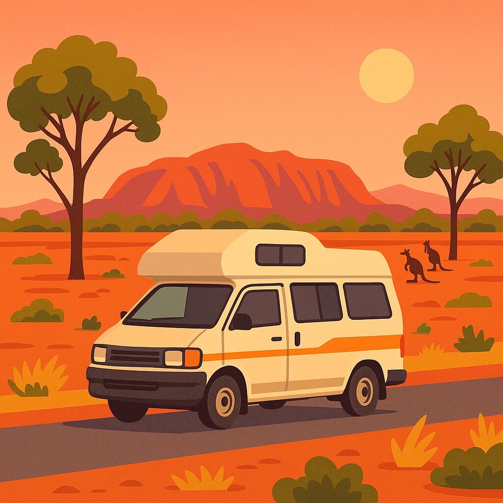 Campervan parked beside red outback desert landscape under blazing sun with kangaroos