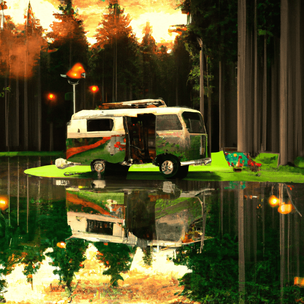Camper colorée, feu de camp, lac, vélo, dans un paysage verdoyant