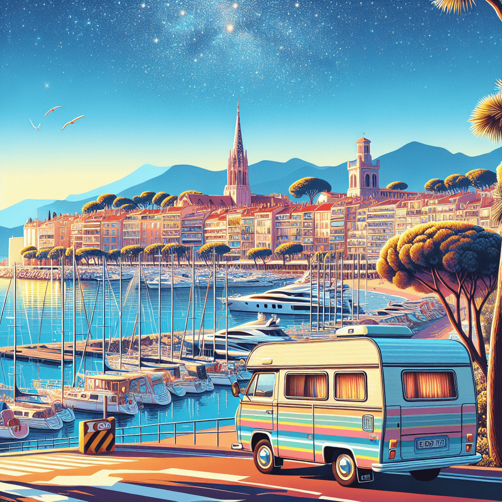 Une camping-car colorée devant le paysage typique de Cannes