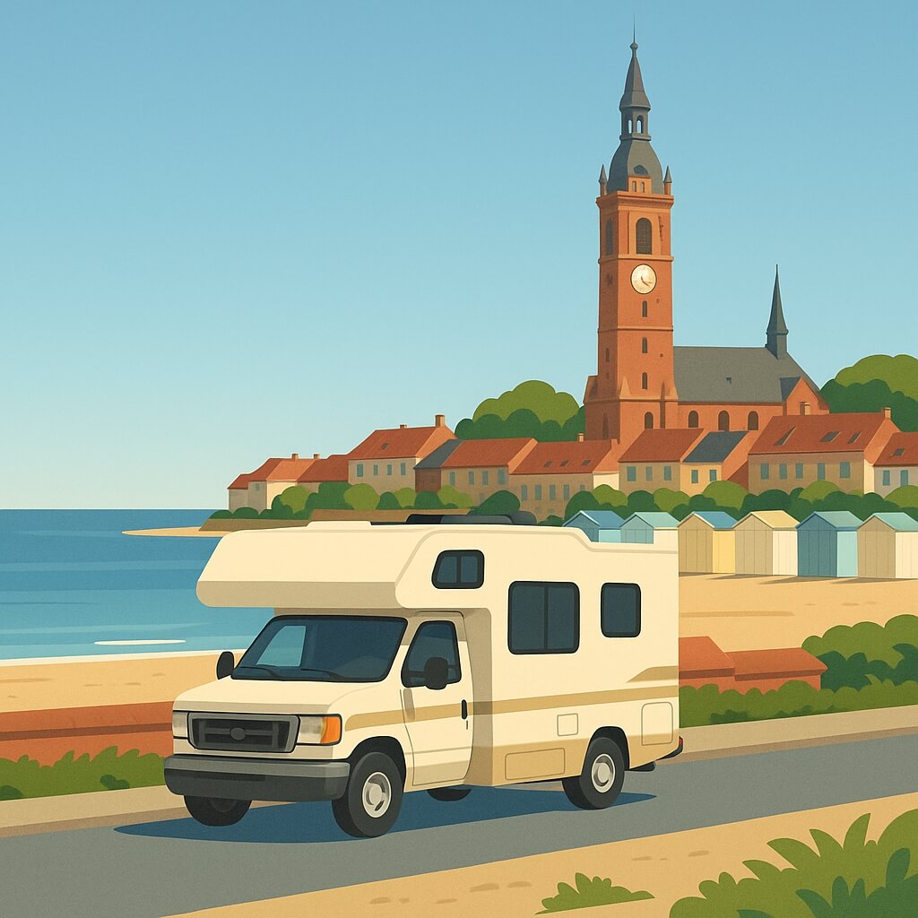 Camping-car devant clochers et cabines colorées à Dunkerque