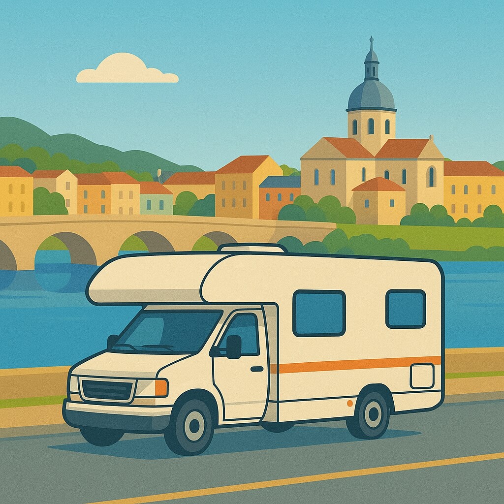Camping-car sur la route bordée de vignes à Mâcon