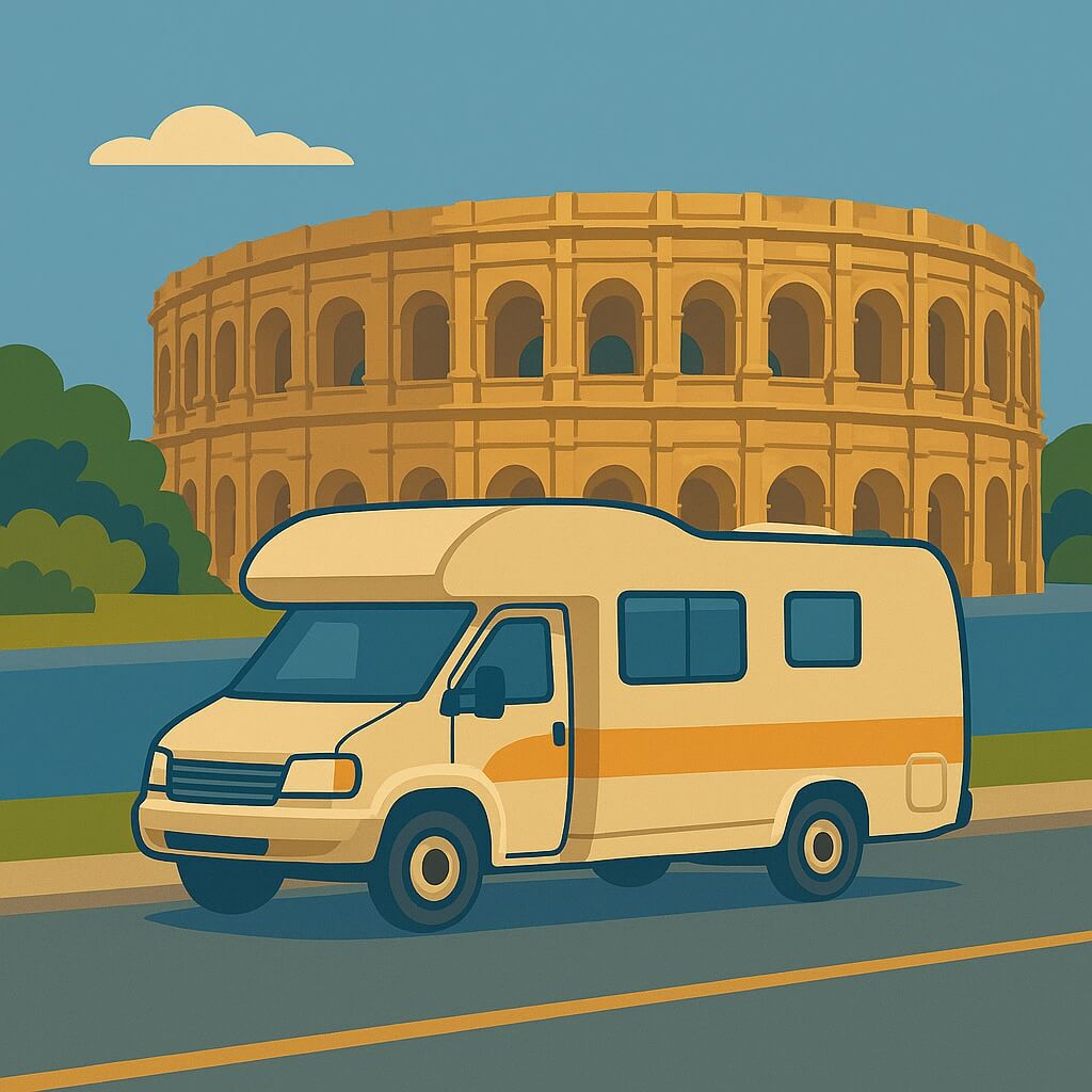 Camping-car stationné devant les arènes romaines de Nîmes