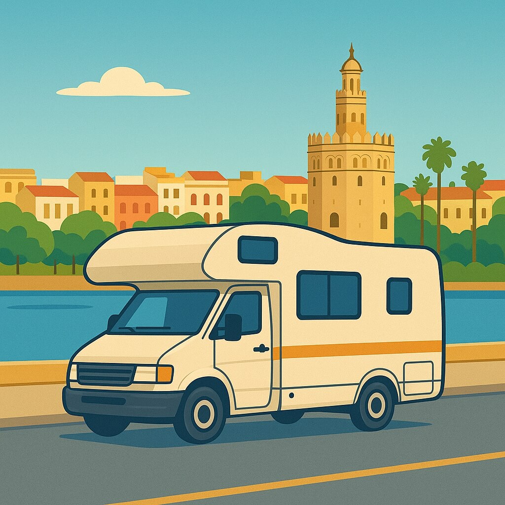 Camping-car stationné au bord du Guadalquivir face à la Torre del Oro de Séville, Espagne