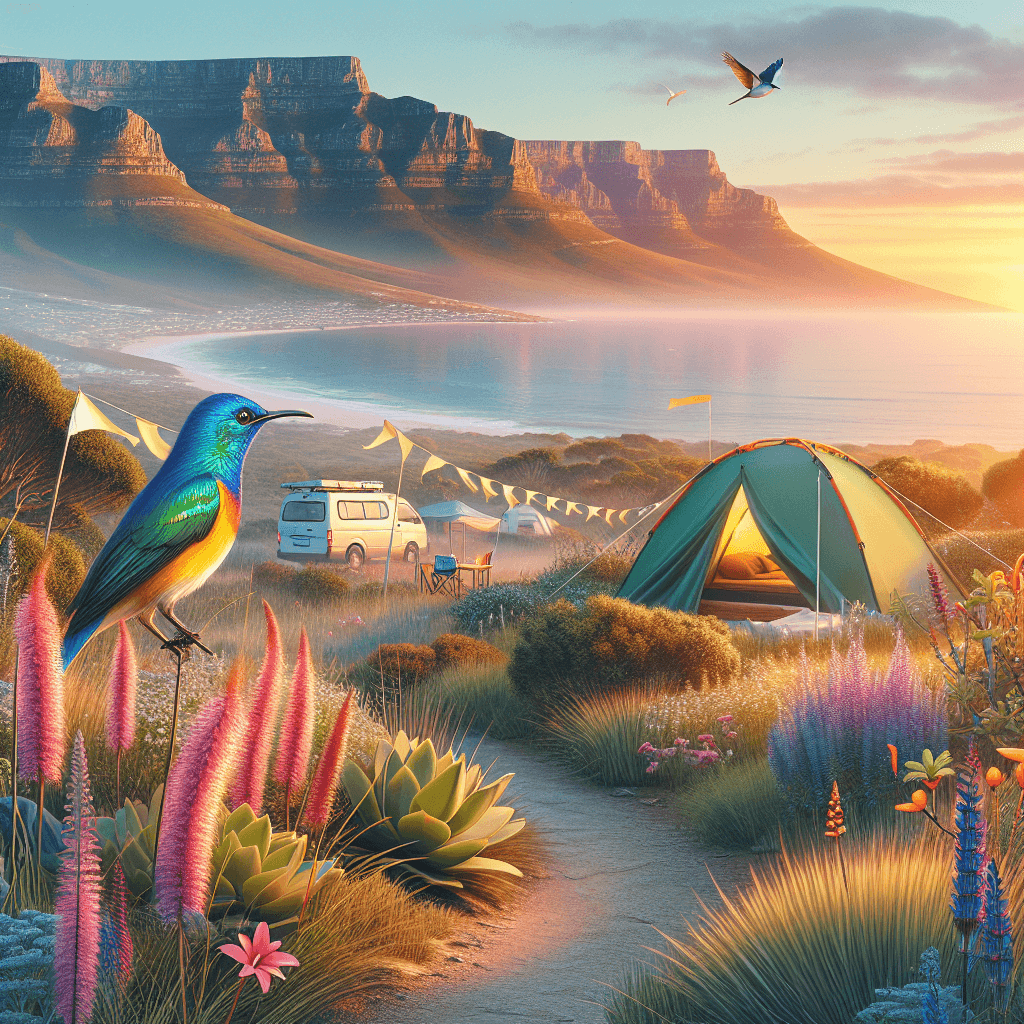 Camper under Table Mountain, sunset, sunbird, fynbos, flags