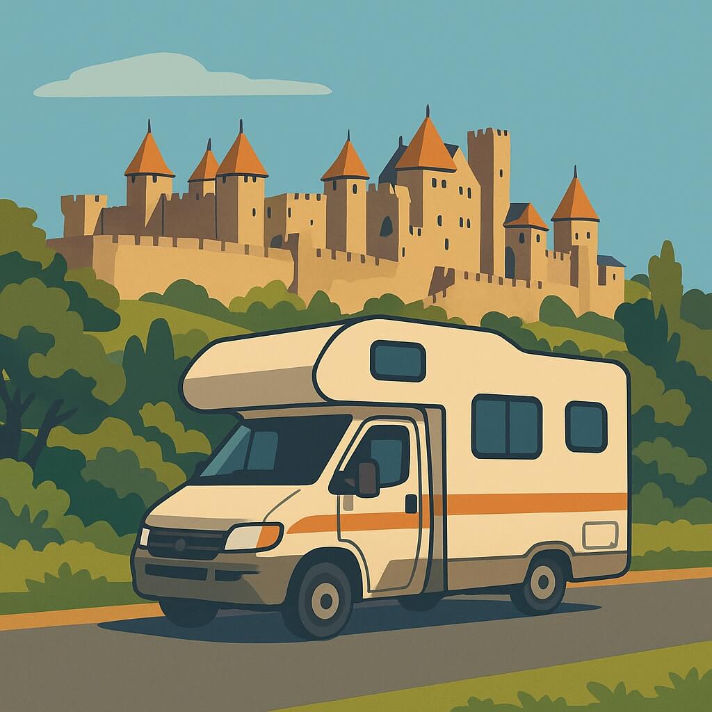 Camping-car descendant l’allée bordée d’arbres face aux remparts imposants de la Cité médiévale de Carcassonne.