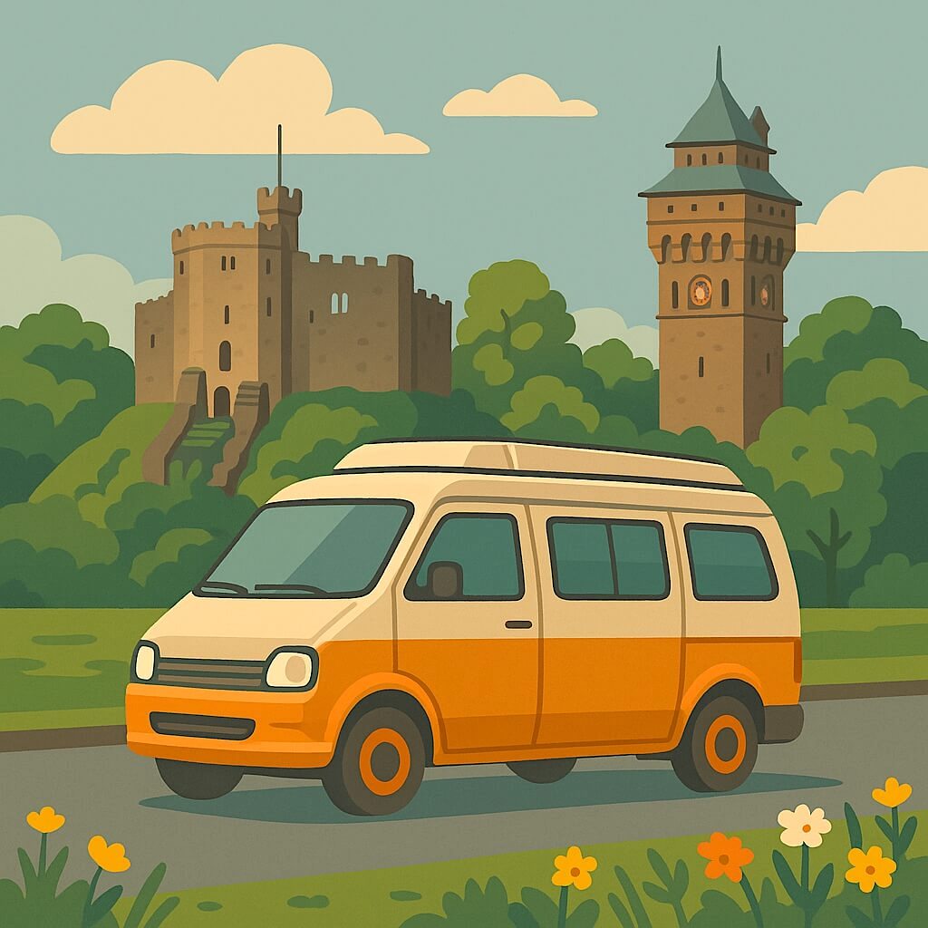 Campervan by Bute Park with Cardiff Castle’s Norman keep and Clock Tower, Cardiff, Wales, United Kingdom.