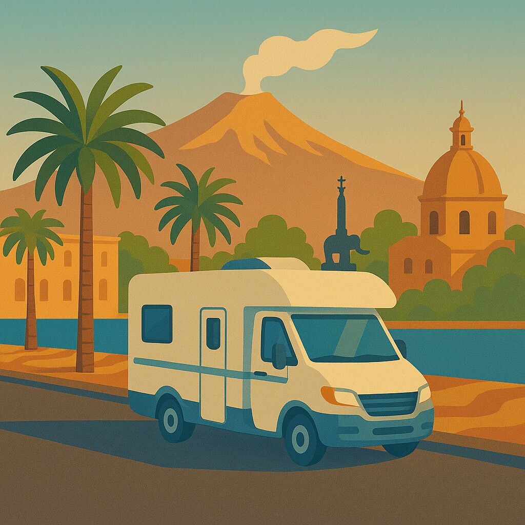 Motorhome cruising Catania’s waterfront as Mount Etna sends a plume above palm-lined streets, Sicily, Italy.