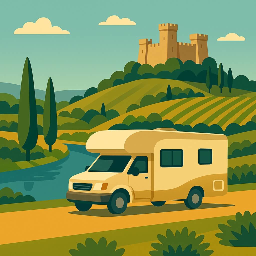 Camper che attraversa le colline romagnole con la Rocca Malatestiana sullo sfondo, Cesena, Italia.