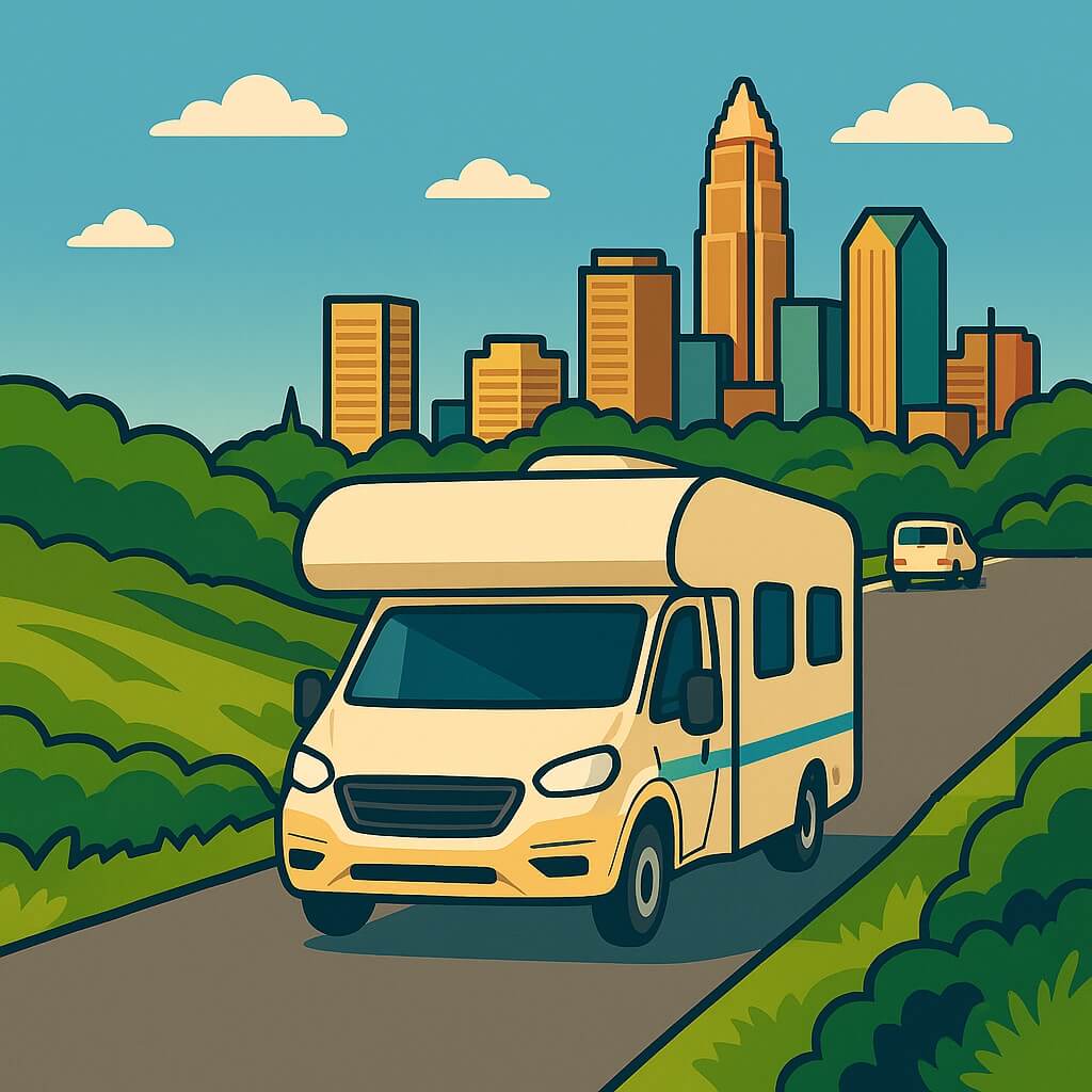 Motorhome driving toward Charlotte skyline in the United States amid green parkland.