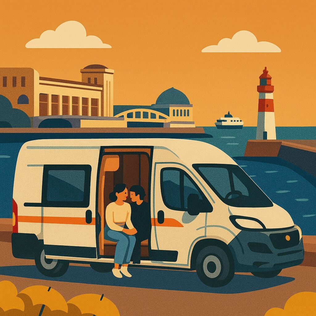 Motorhome by Cherbourg lighthouse and ferry terminal, France.