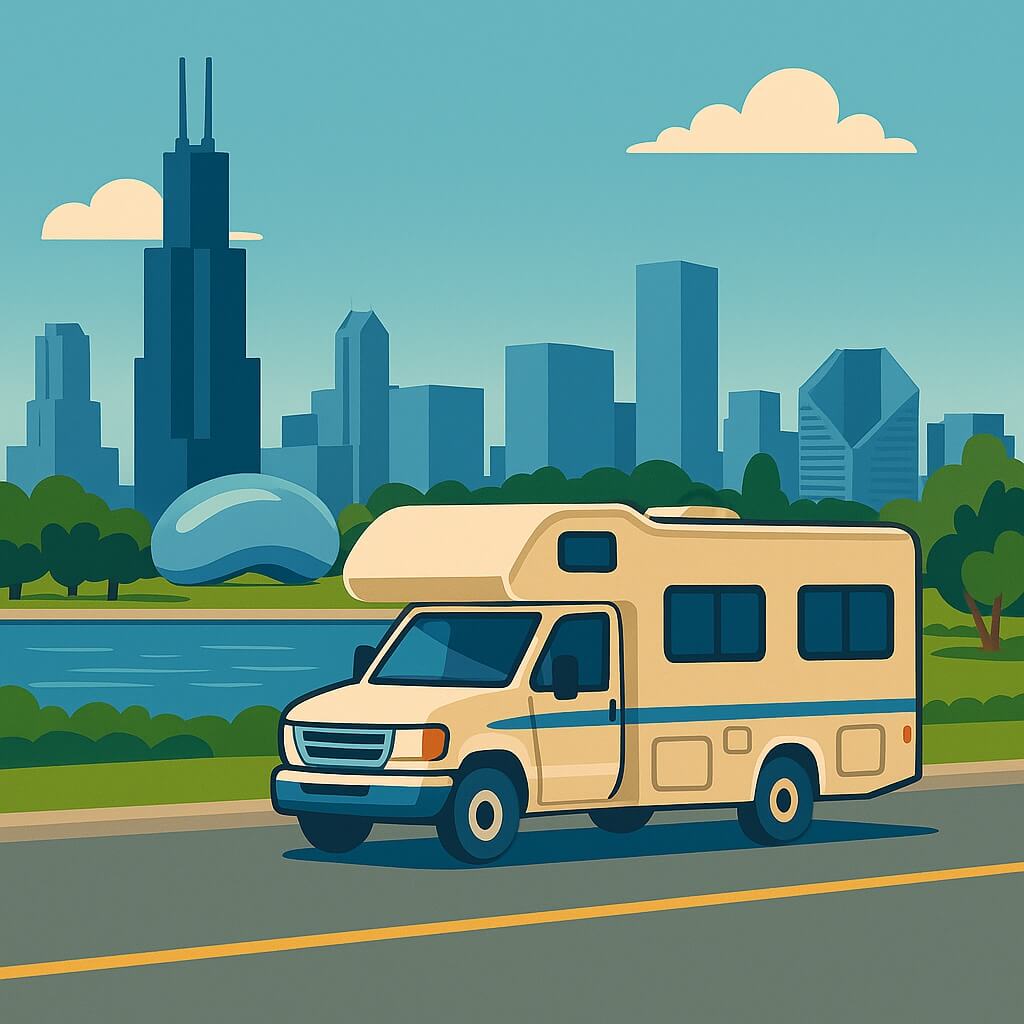 Autocaravana en Lake Shore Drive con el skyline de Chicago y The Bean, Estados Unidos.