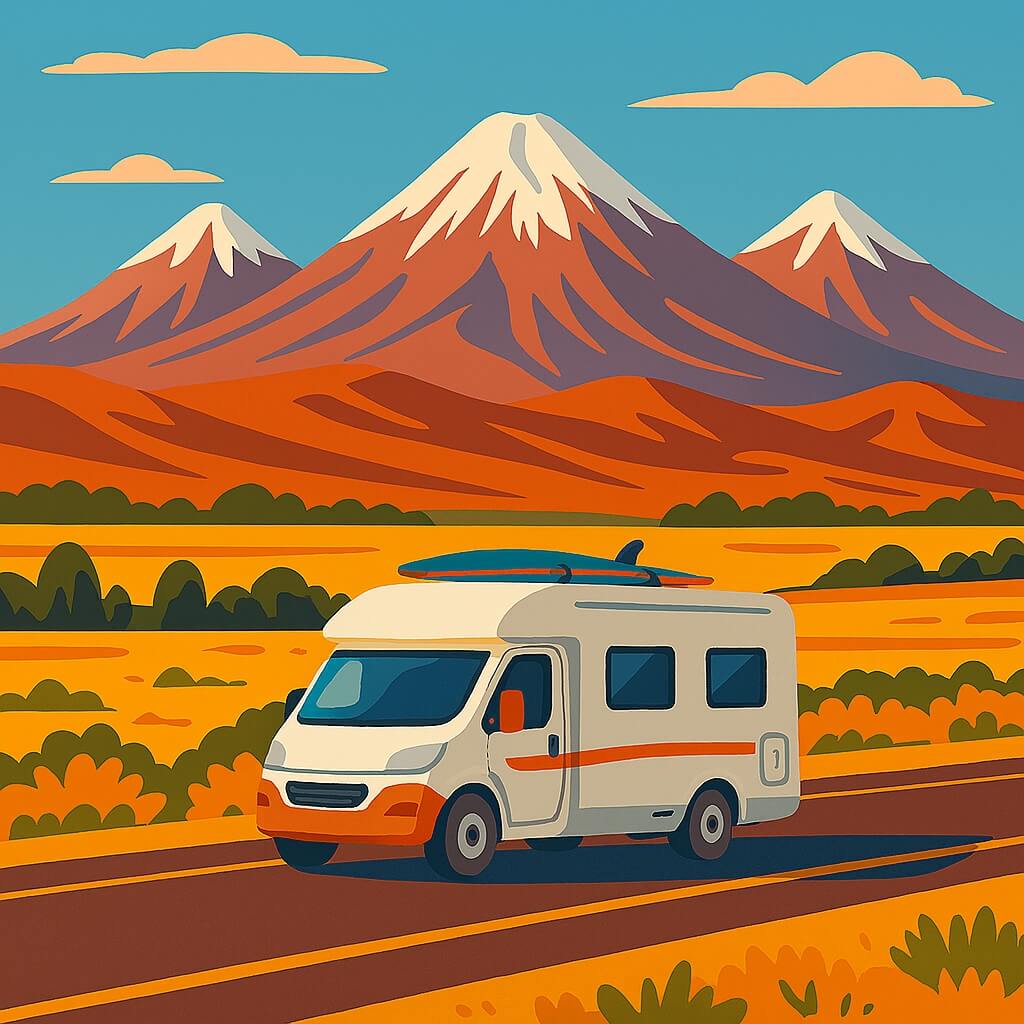Chile rental campervan cruising Atacama Desert highway beneath snowcapped volcanoes.