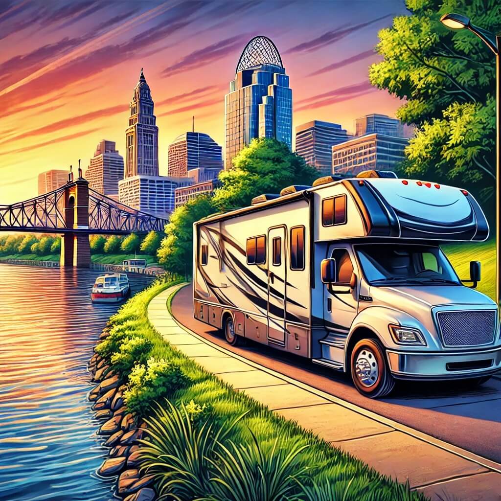 Rental RV parked by Ohio River, Cincinnati