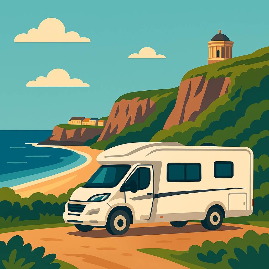 Campervan in Coleraine on a coastal path beneath Mussenden Temple.