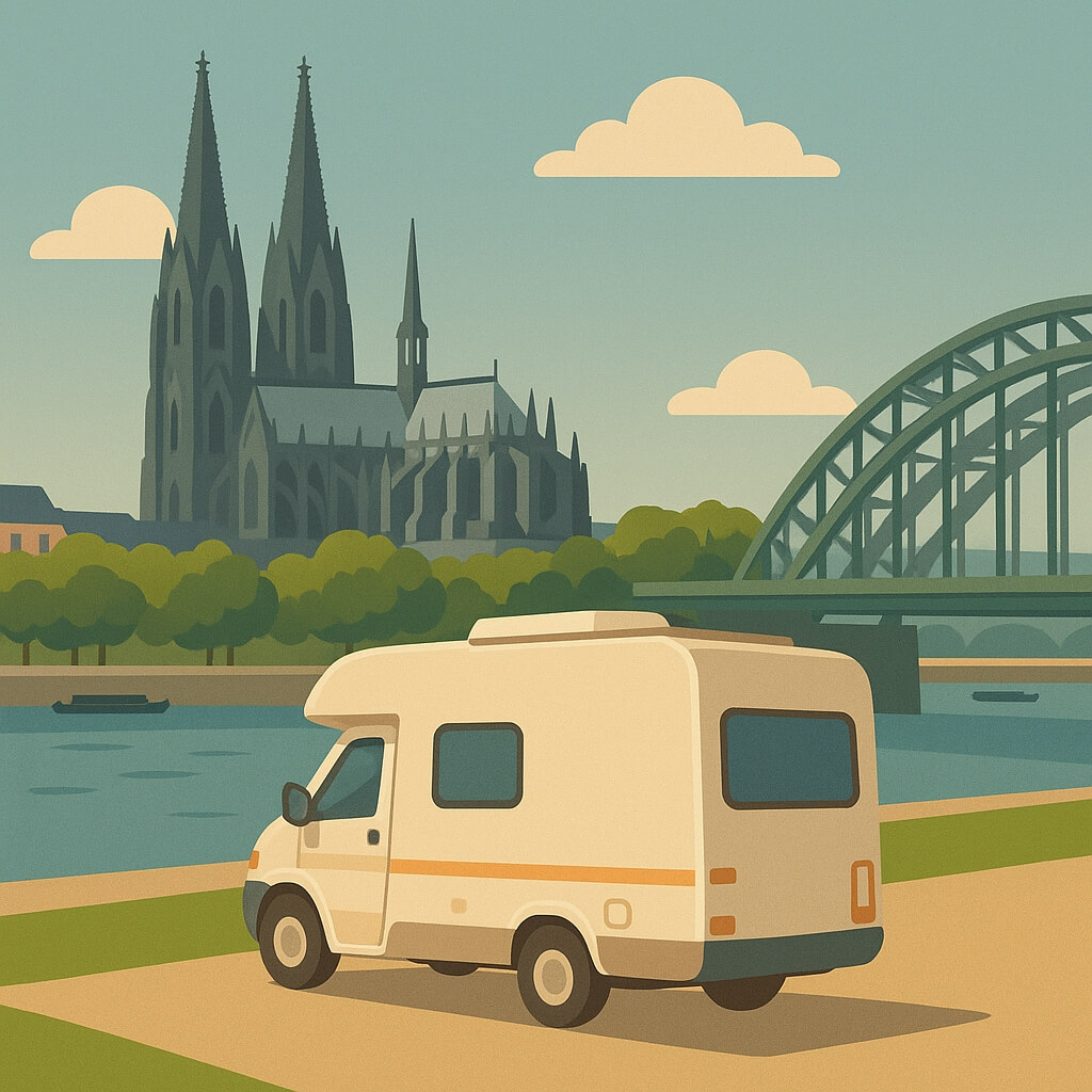 Autocaravana junto al puente Hohenzollern frente a la catedral de Colonia, Alemania.