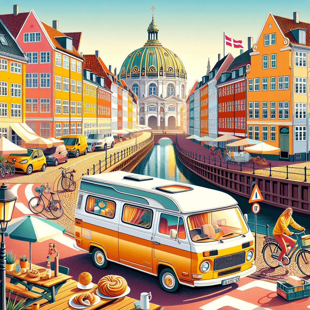 Digital art of a campervan near canal, cyclists, Danish pastry, flag and church dome.
