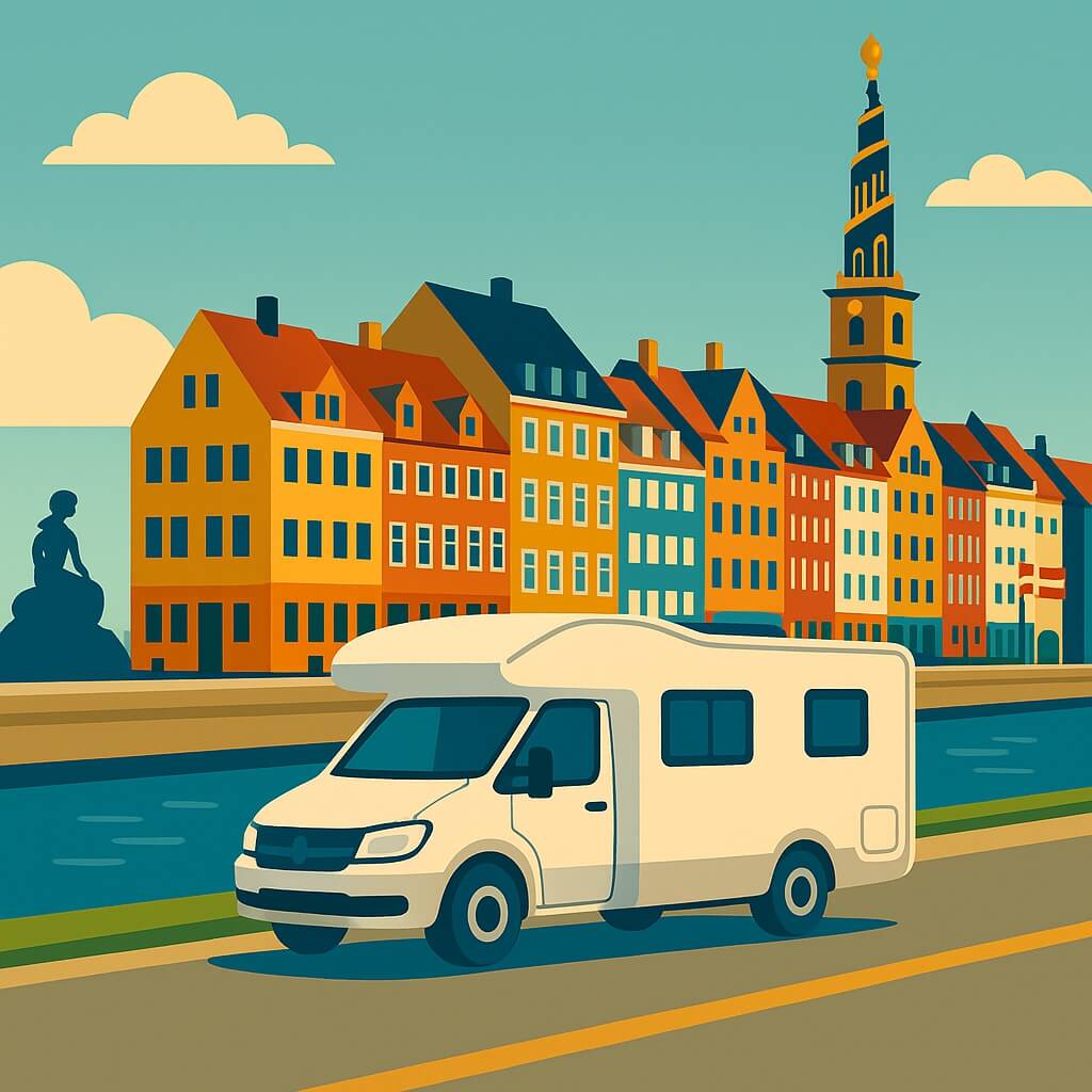 Campervan in Copenhagen alongside the Nyhavn canal with colourful townhouses.