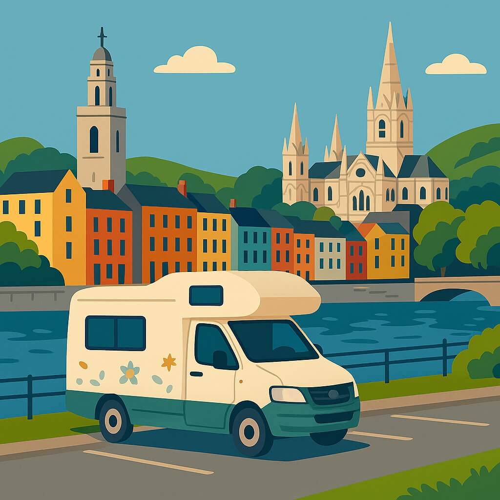 Campervan in Cork by the River Lee with Shandon Tower and St Fin Barre’s Cathedral.