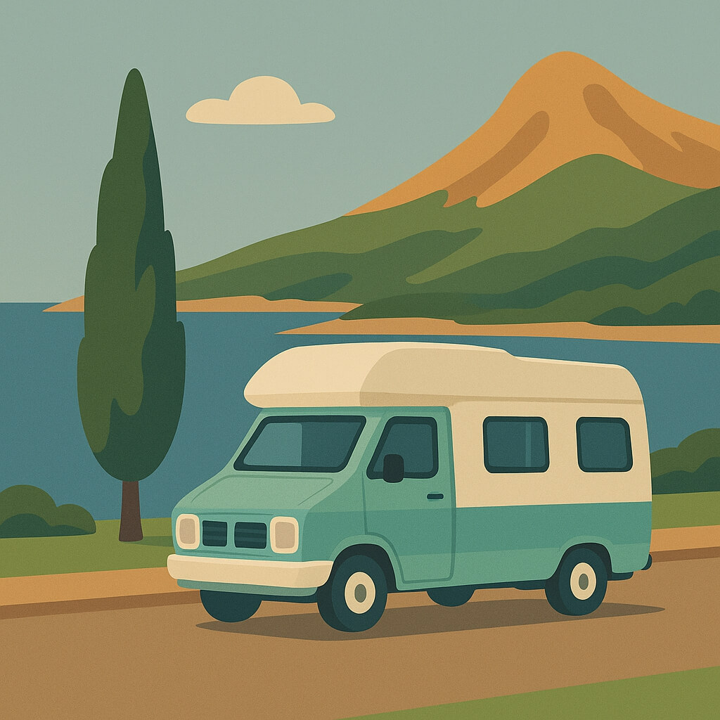Camper che percorre la strada costiera tra montagne e mare in Corsica, Francia.