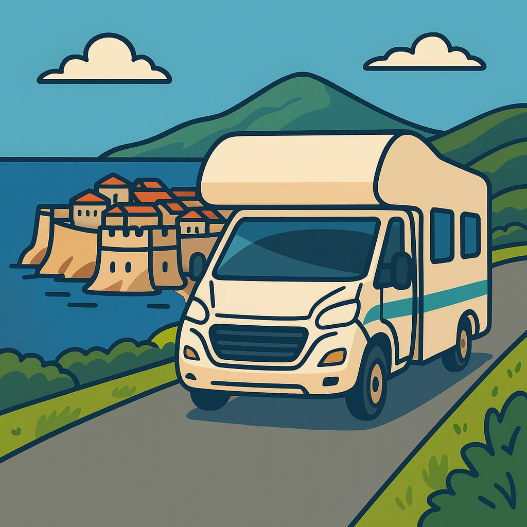 Autocaravana recorre la costa dálmata junto a murallas de Croacia.
