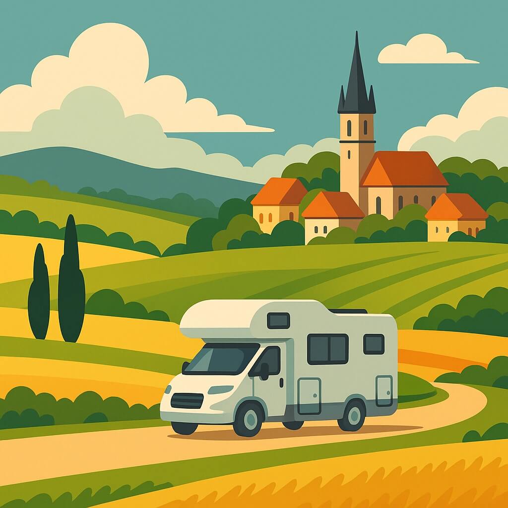 Motorhome touring Czech Republic countryside past village church and fields