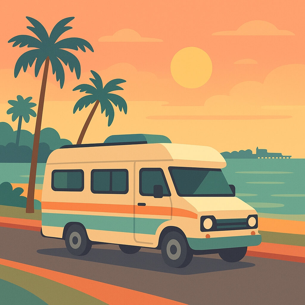 Campervan gliding along the Esplanade at sunset beneath swaying palms and a glowing Top End sky, Darwin, Australia.
