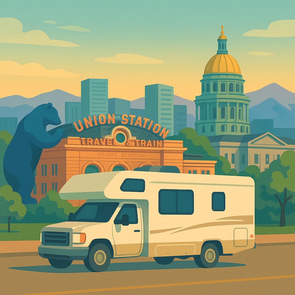 Wohnmobil vor der Union Station in Denver mit Kapitolkuppel und Rocky Mountains im Hintergrund, USA.