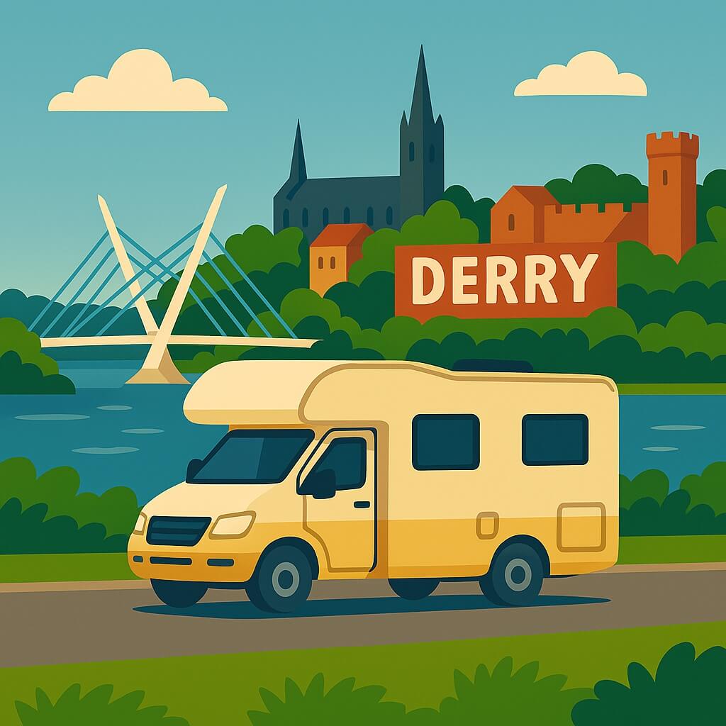 Campervan in Derry on the River Foyle near Peace Bridge with St Eugene’s Cathedral spire.