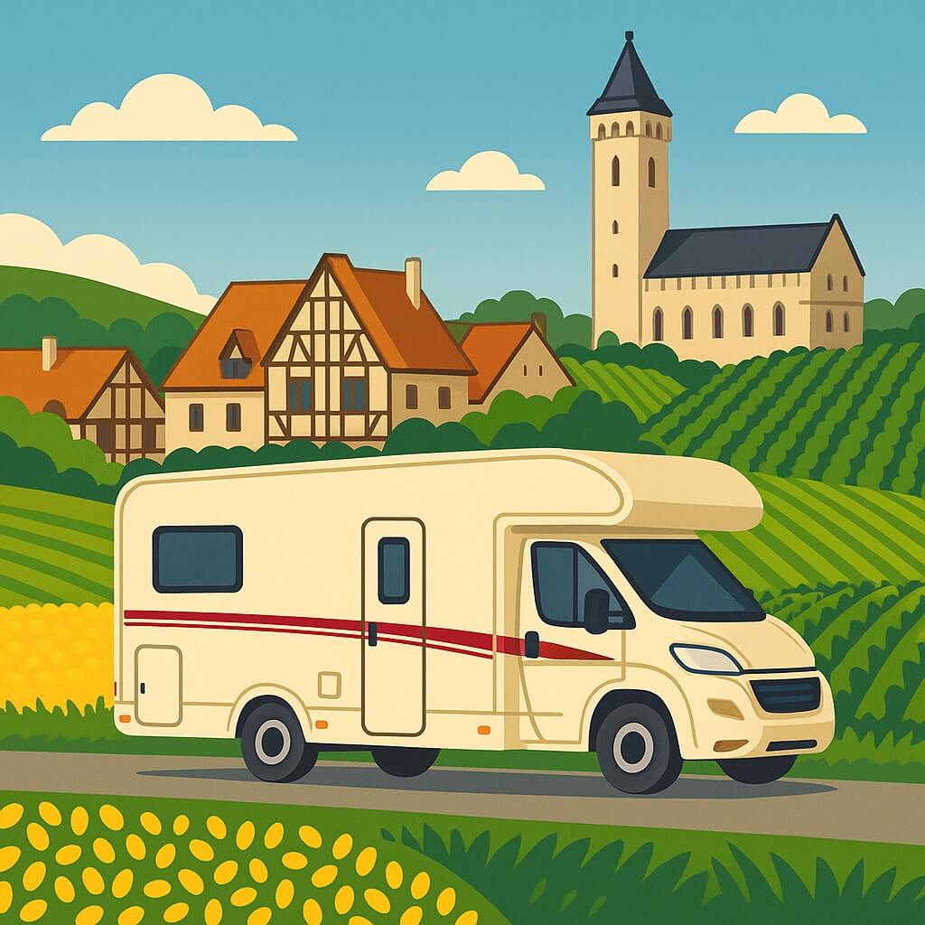 Camping-car sur les vignobles de Dijon, France, entre maisons et église.
