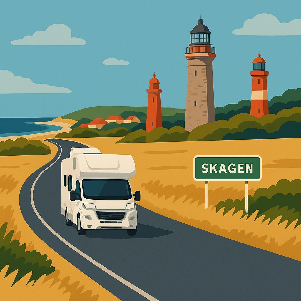 Autocaravana circula junto faros de Skagen, costa dorada de Dinamarca.