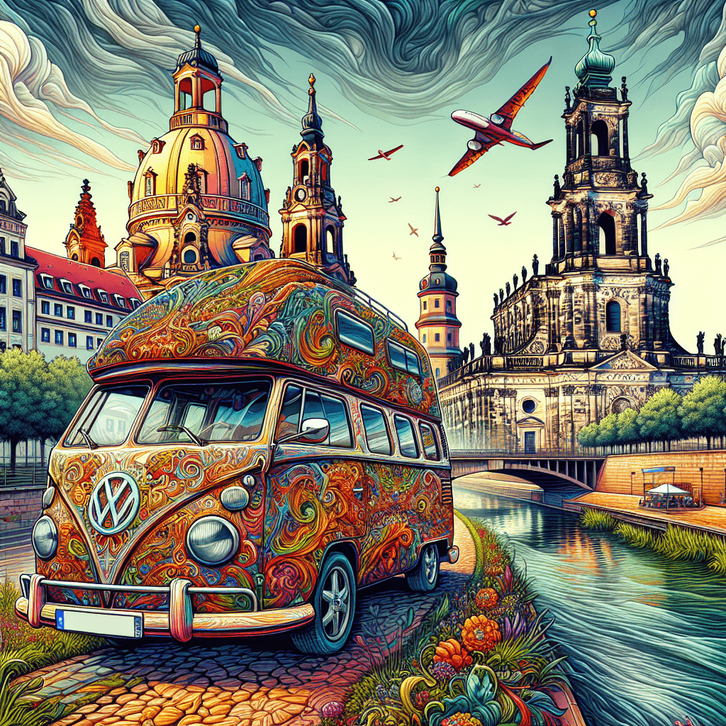 Colorful campervan, baroque Dresden houses, flowing Elba river