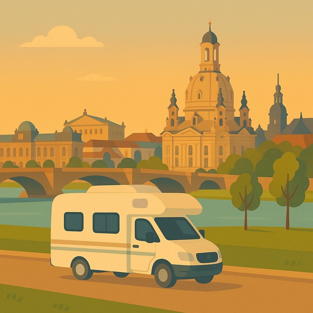 Whnmobil auf den Elbwiesen mit der Frauenkirche und der barocken Silhouette Dresdens in der Abenddämmerung.
