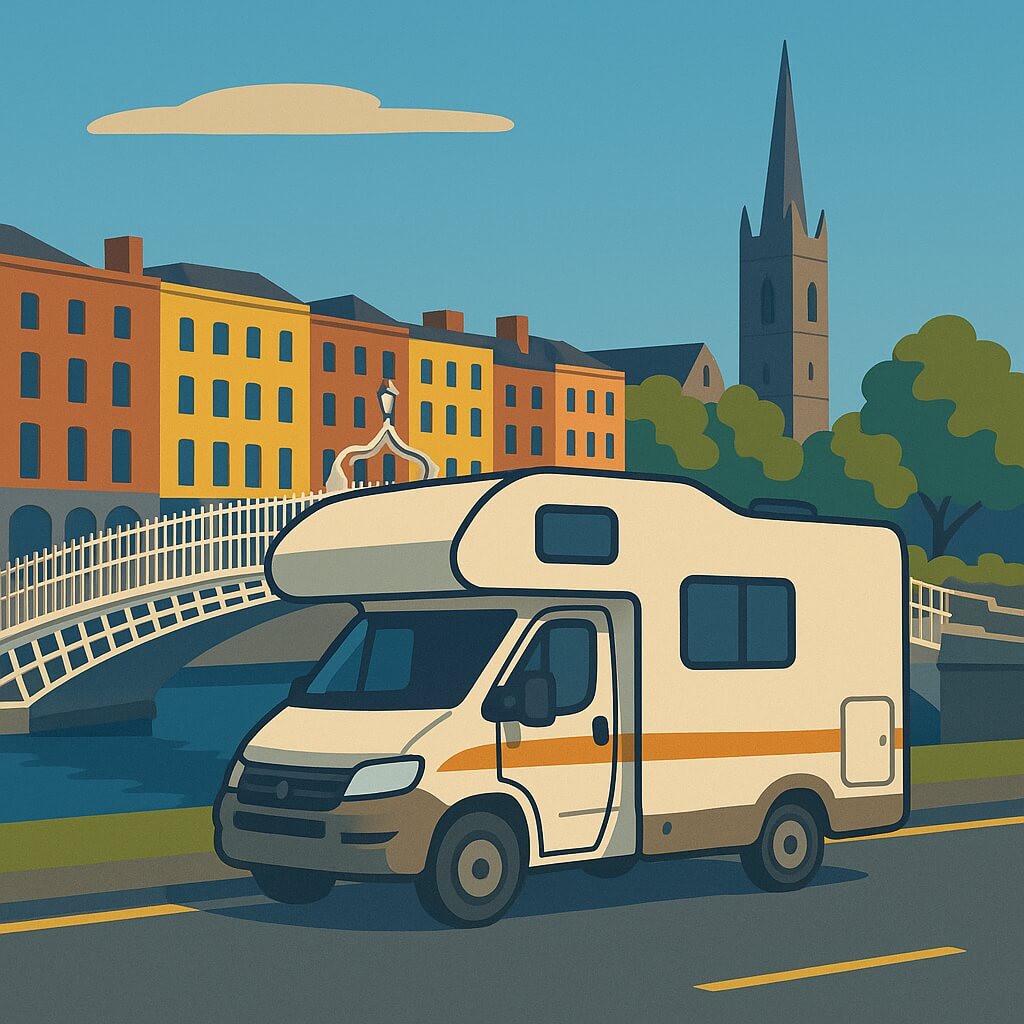 Autocaravana bordeando el río Liffey junto al puente Ha’penny y la aguja de San Patricio, Irlanda.
