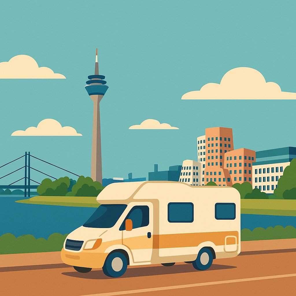 Wohnmobil am Rhein vor der Skyline mit Rheinturm in Düsseldorf, Deutschland.