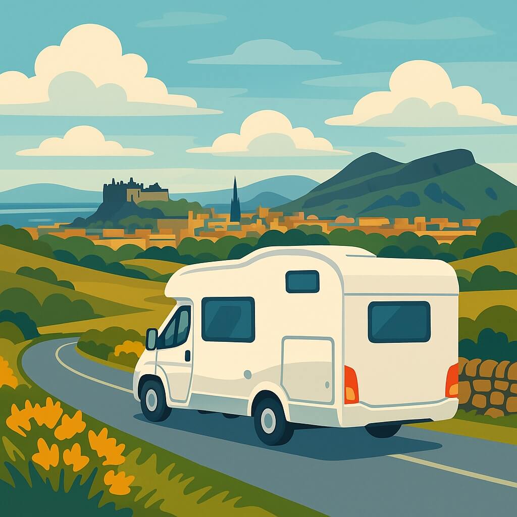 Wohnmobil auf kurviger Straße mit Blick auf Edinburgh Castle, Schottland, Vereinigtes Königreich.
