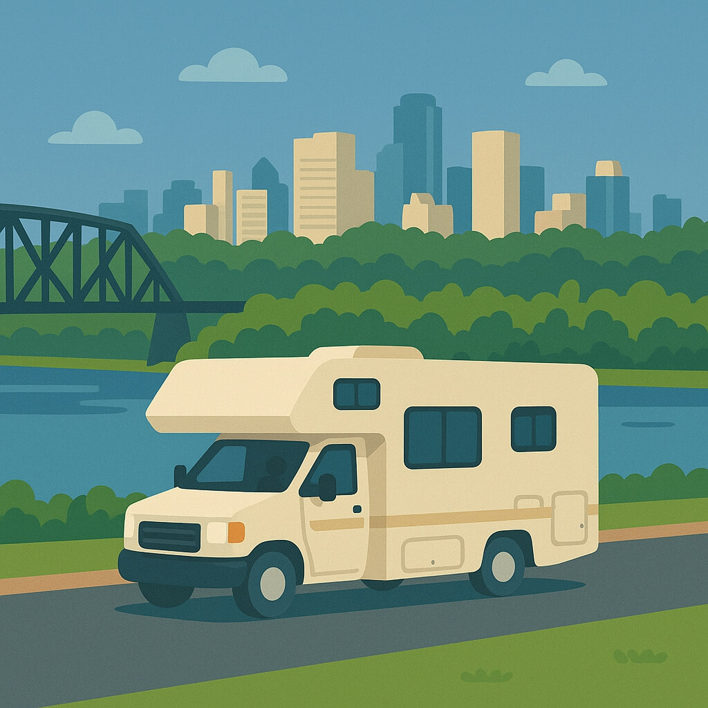 Camping-car traversant la vallée fluviale d’Edmonton avec la skyline et le pont High Level, Canada.