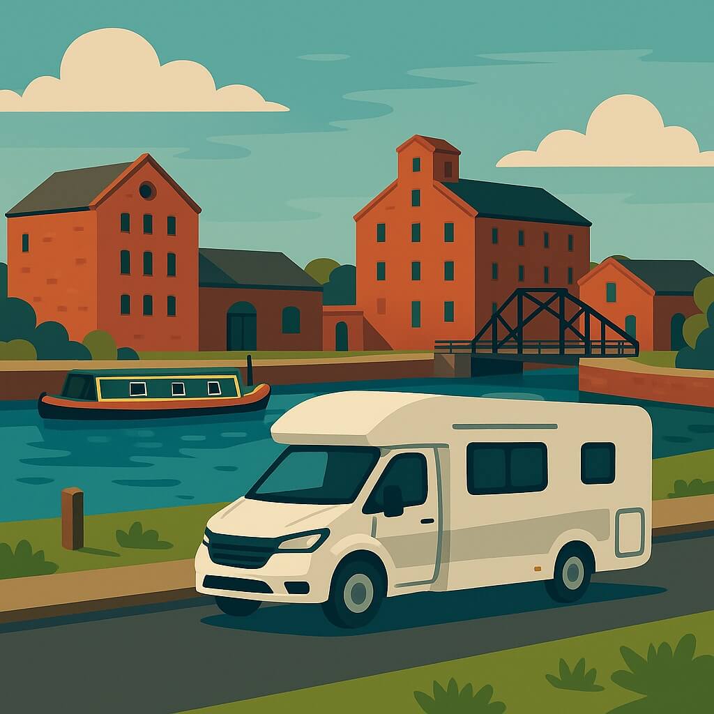 Campervan in Ellesmere Port following the Shropshire Union Canal past restored red-brick warehouses.