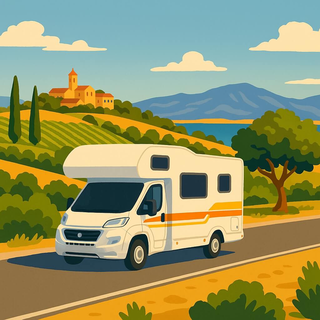 Road trip en Espagne avec camping-car traversant oliveraies vallonnées.