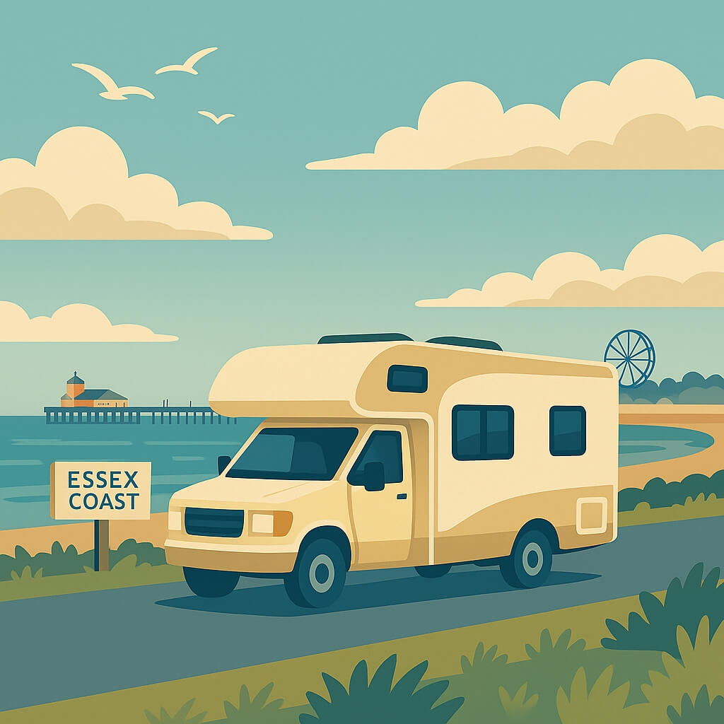 Camper driving along the shoreline past the pier and fairground on the Essex coast, England, UK.