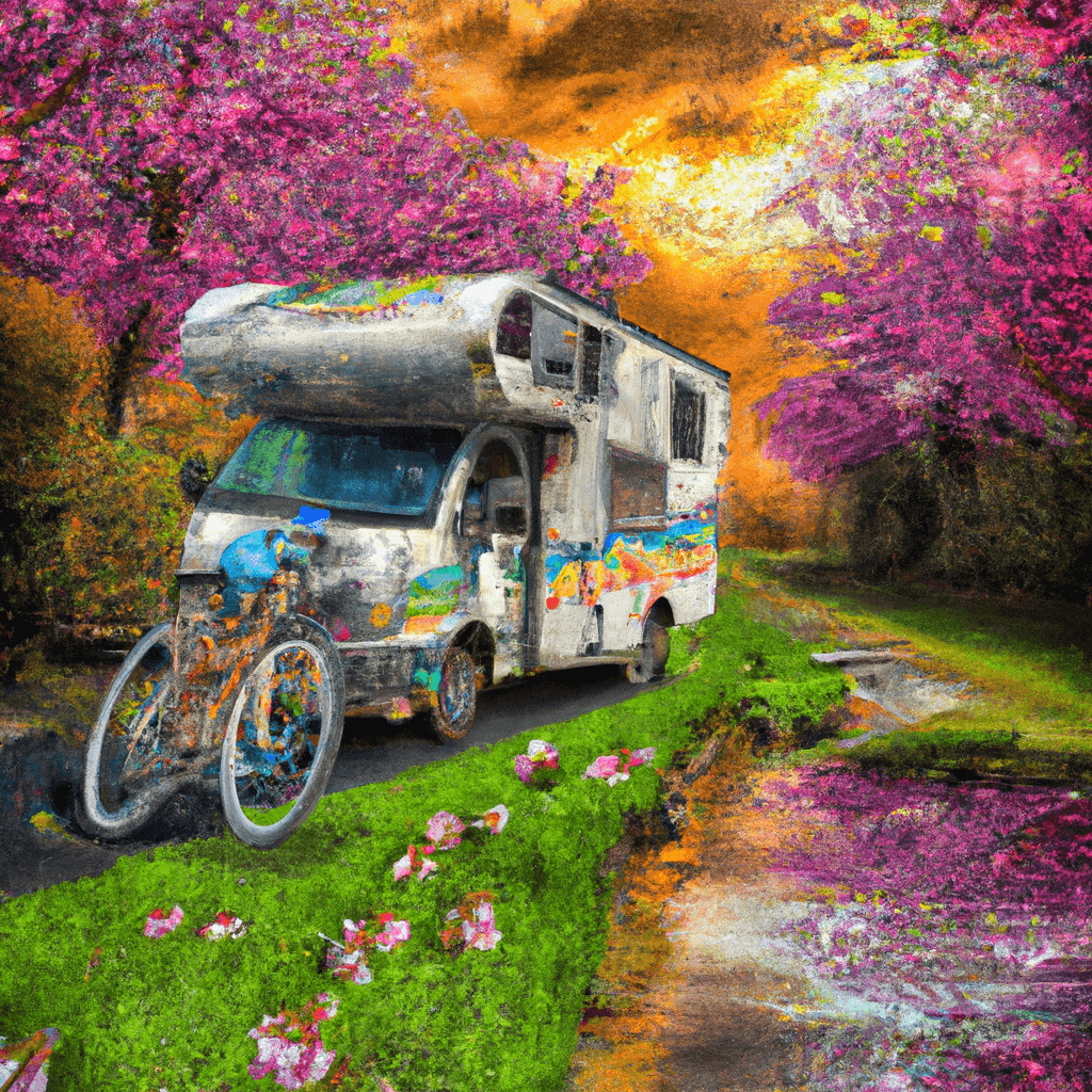 Camper colorée, manzanos en flor, bicicletas, mapa de ruta